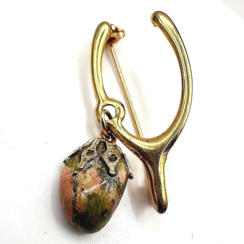 VTG Gold Tone Wishbone Brooch Unakite Jasper Dangle Stone Pin Good Luck Charm
